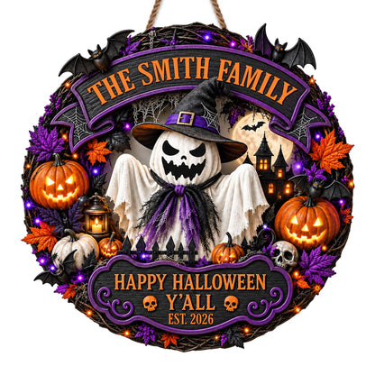Happy Halloween Y'all Personalized Wood Sign - Custom Ghost Wreath Decor for Family