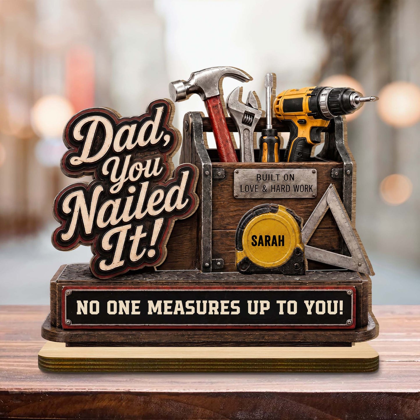 Personalized dad wooden plaque with toolbox design and custom kids names on tape measures image 6