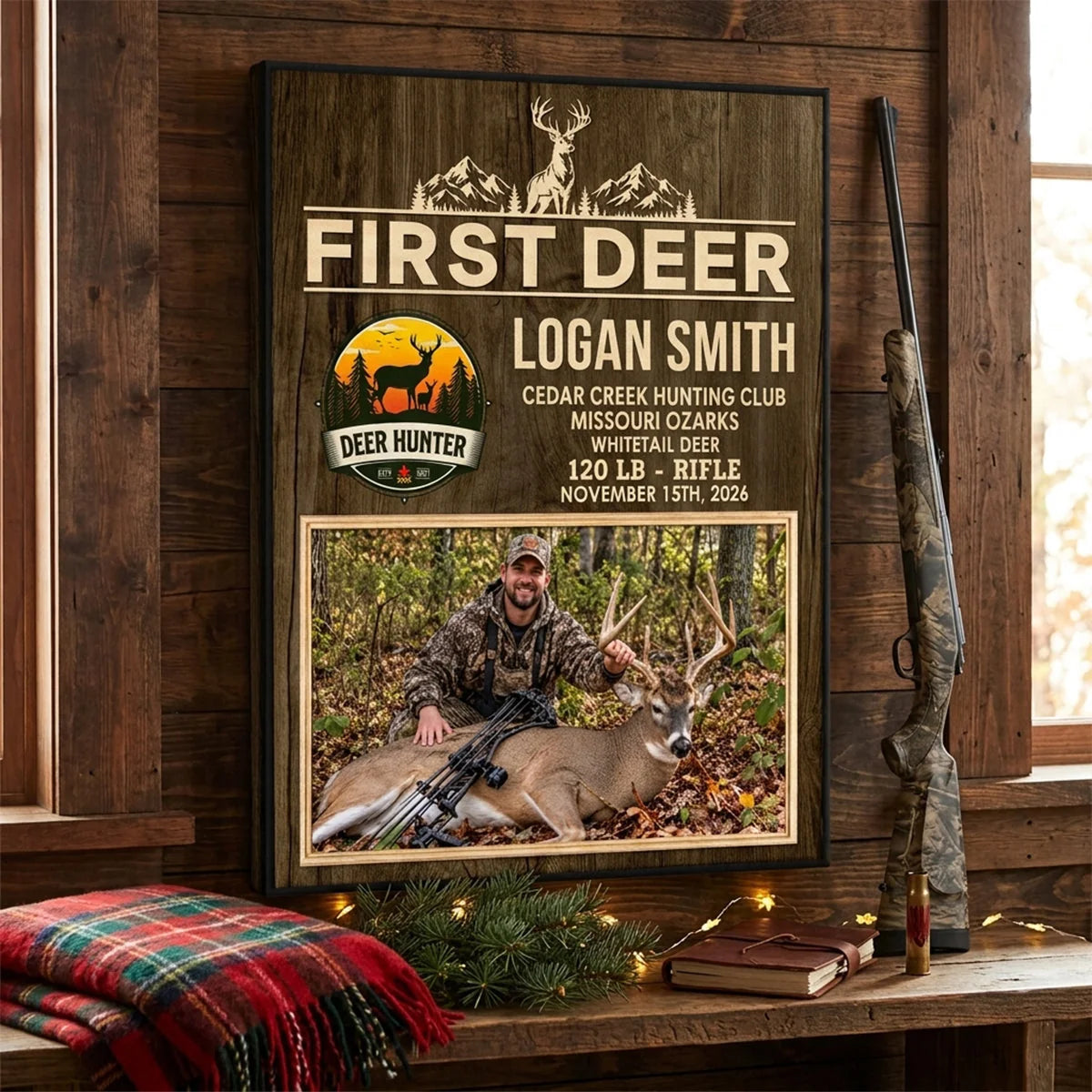 First Deer Personalized Hunting Photo Canvas / Poster - Custom First Buck Trophy Keepsake Gift for Dad & Son