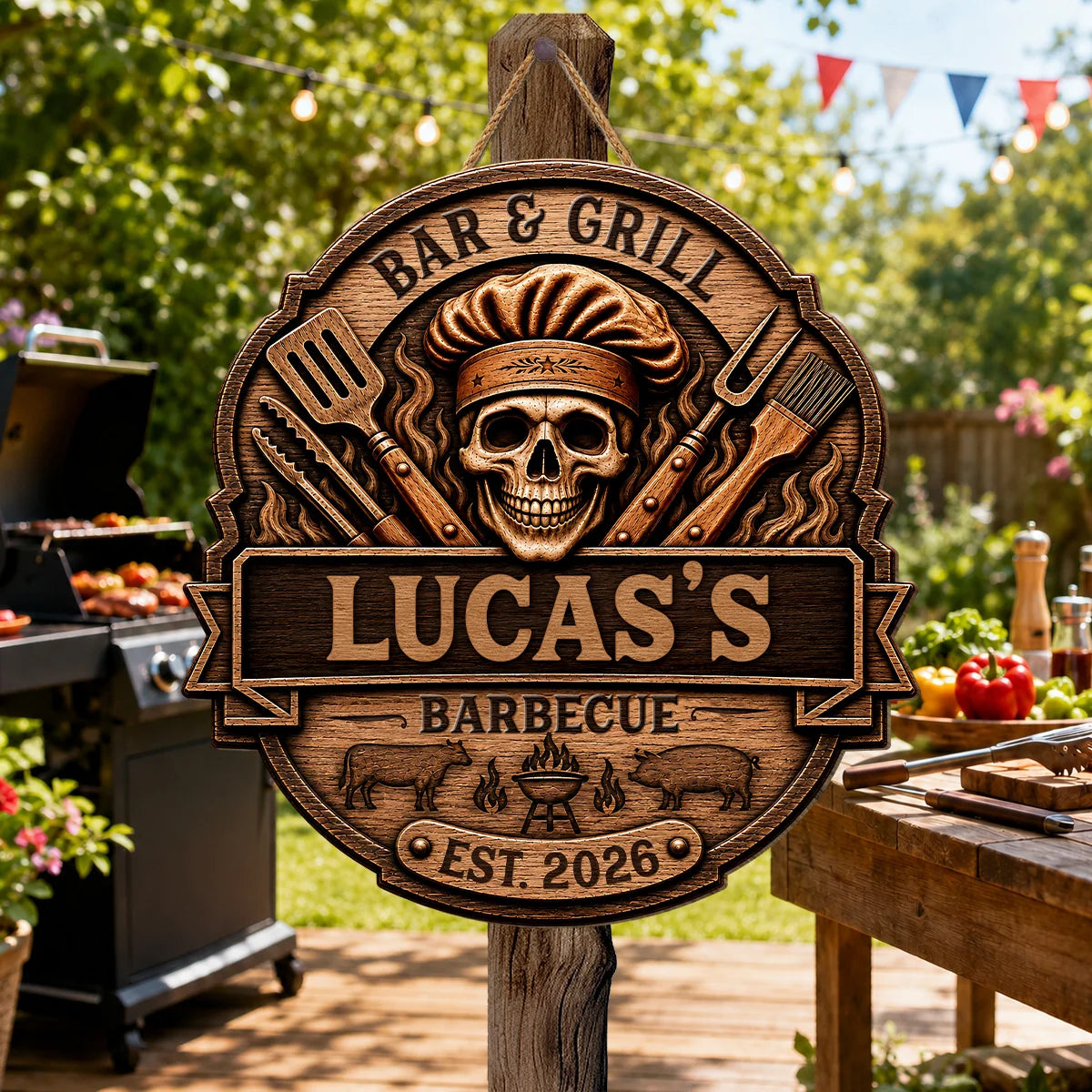 Grill & Chill Skull Personalized Wood Sign - Custom BBQ Master Name Gift