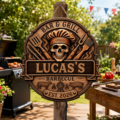 Grill & Chill Skull Personalized Wood Sign - Custom BBQ Master Name Gift