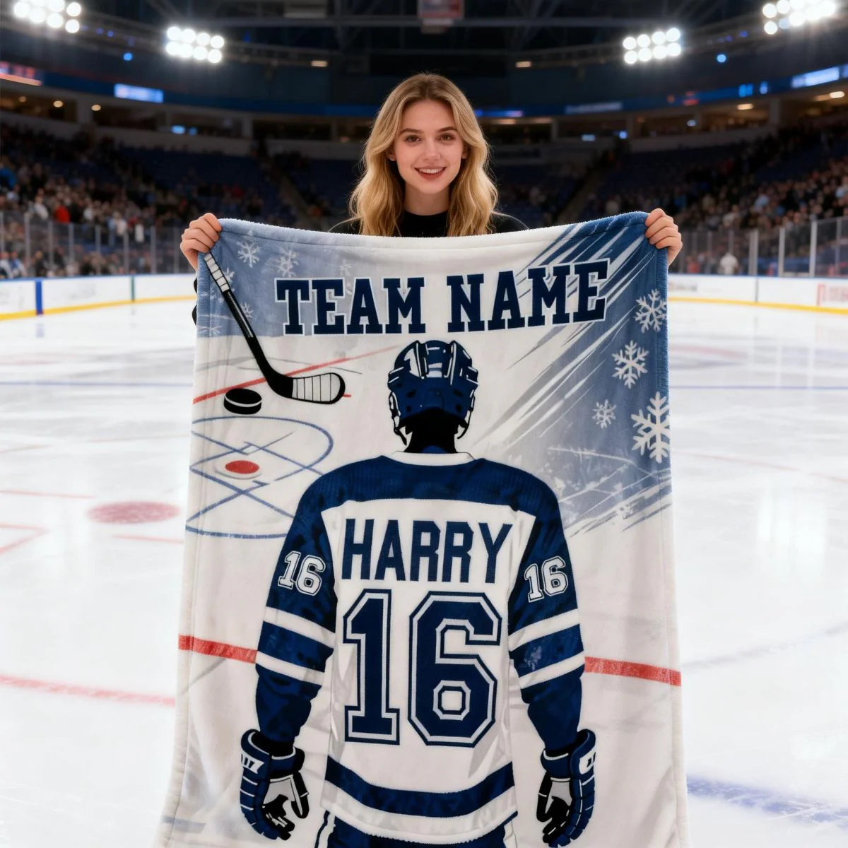 Personalized hockey blanket with custom team name, player name, and jersey number for hockey lovers