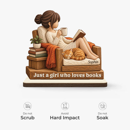 Just a Girl Who Loves Books Personalized Wooden Plaque - Custom Reader Gift for Cat Lovers