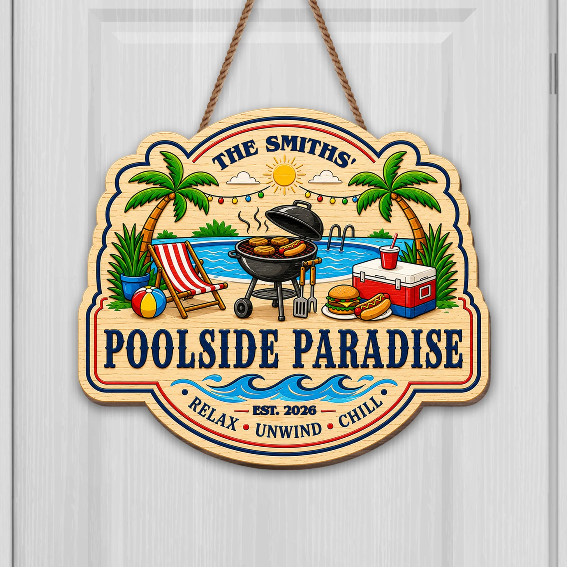 Personalized poolside paradise custom shaped wood sign with barbecue grill and palm trees for summer backyard decor