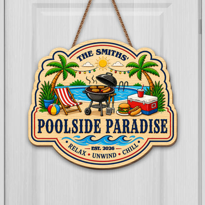 Personalized poolside paradise custom shaped wood sign with barbecue grill and palm trees for summer backyard decor