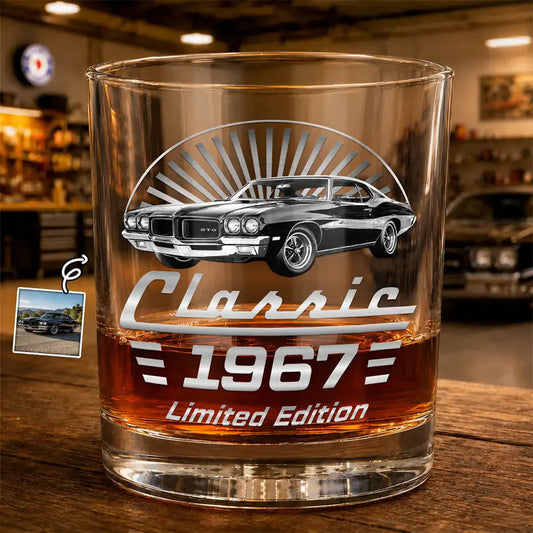 Custom Classic Car Whiskey Glass for Dad with personalized design details for meaningful gifting