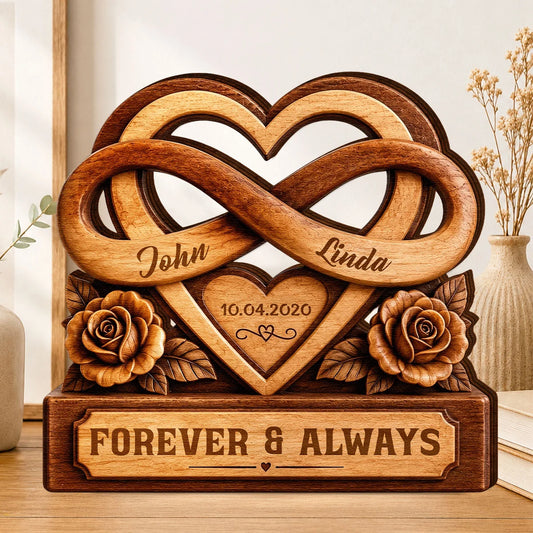 Personalized anniversary wooden plaque with infinity heart and names for couples gift