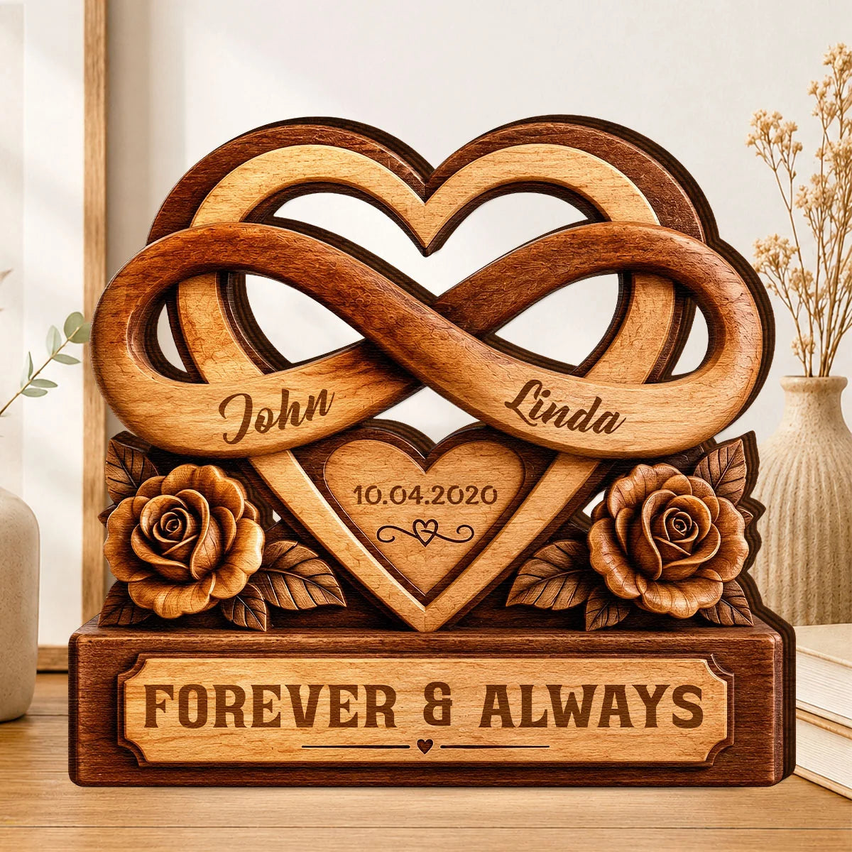 Personalized anniversary wooden plaque with infinity heart and names for couples gift