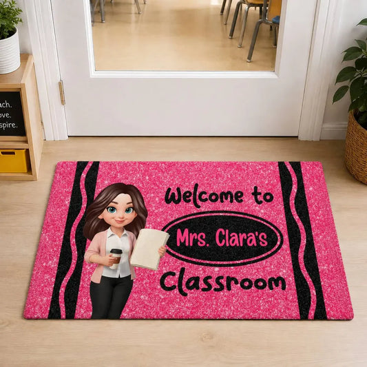Personalized teacher doormat with custom cartoon educator illustration and faux glitter classroom welcome design