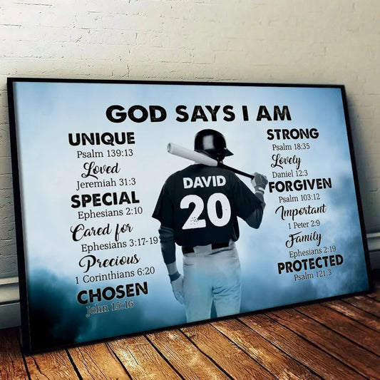 God Says I Am Personalized Baseball Canvas / Poster - Custom Wall Art Gift for Son Grandson