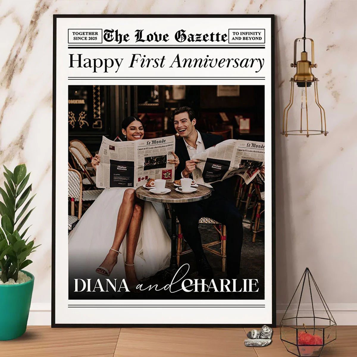 Personalized anniversary gift featuring a custom newspaper style photo canvas for couples. image 6
