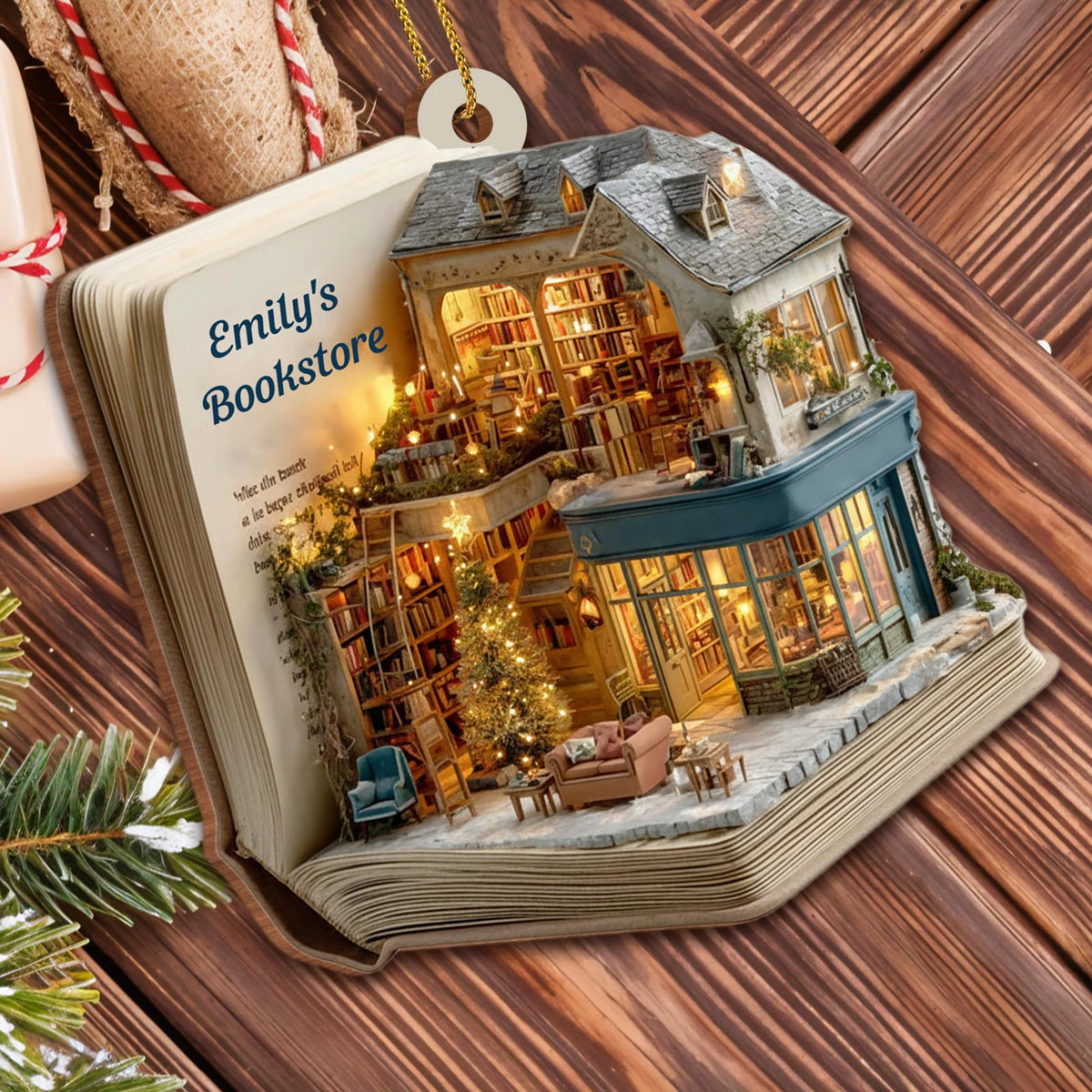 Cozy Bookstore Scene Personalized Wooden Ornament - Book Lovers Custom Holiday Gift