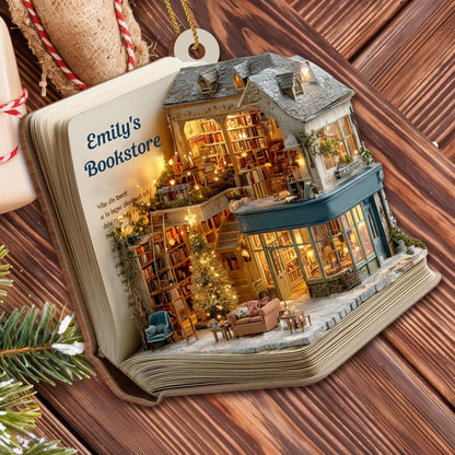 Cozy Bookstore Scene Personalized Wooden Ornament - Book Lovers Custom Holiday Gift