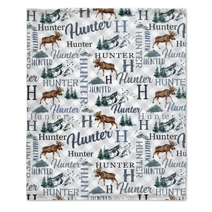 Personalized Moose Name Blanket - Custom Mountain Outdoors Throw Blanket for Nursery and Camping