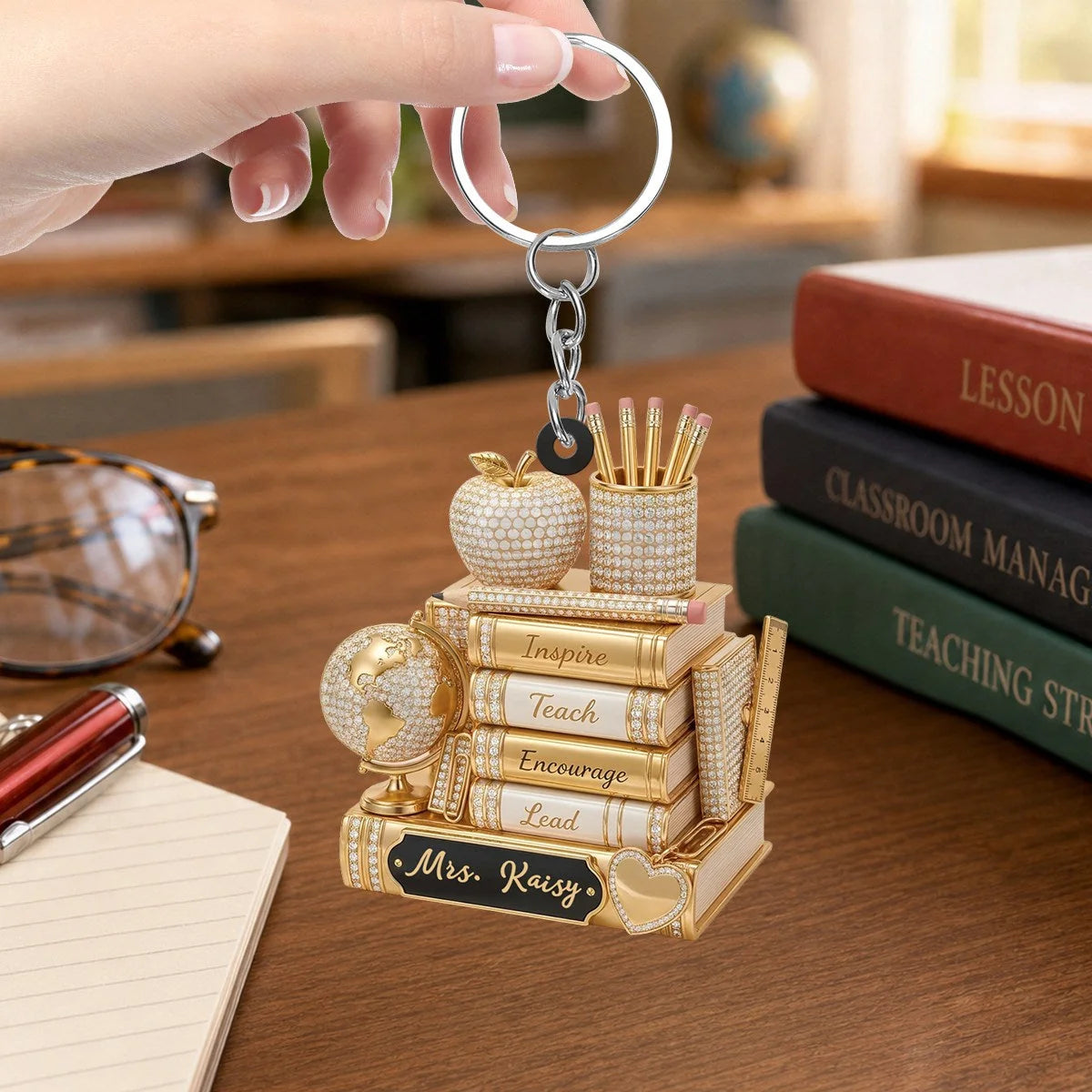 Keychain material and size view - Personalized Teacher Keychain