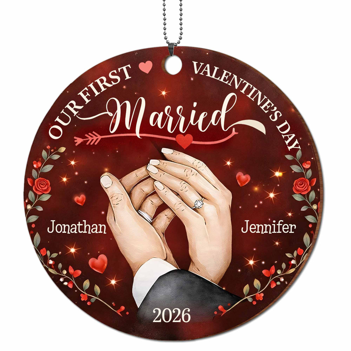 Our First Valentine's Day Married - Personalized Wood Ornament for Couples Keepsake