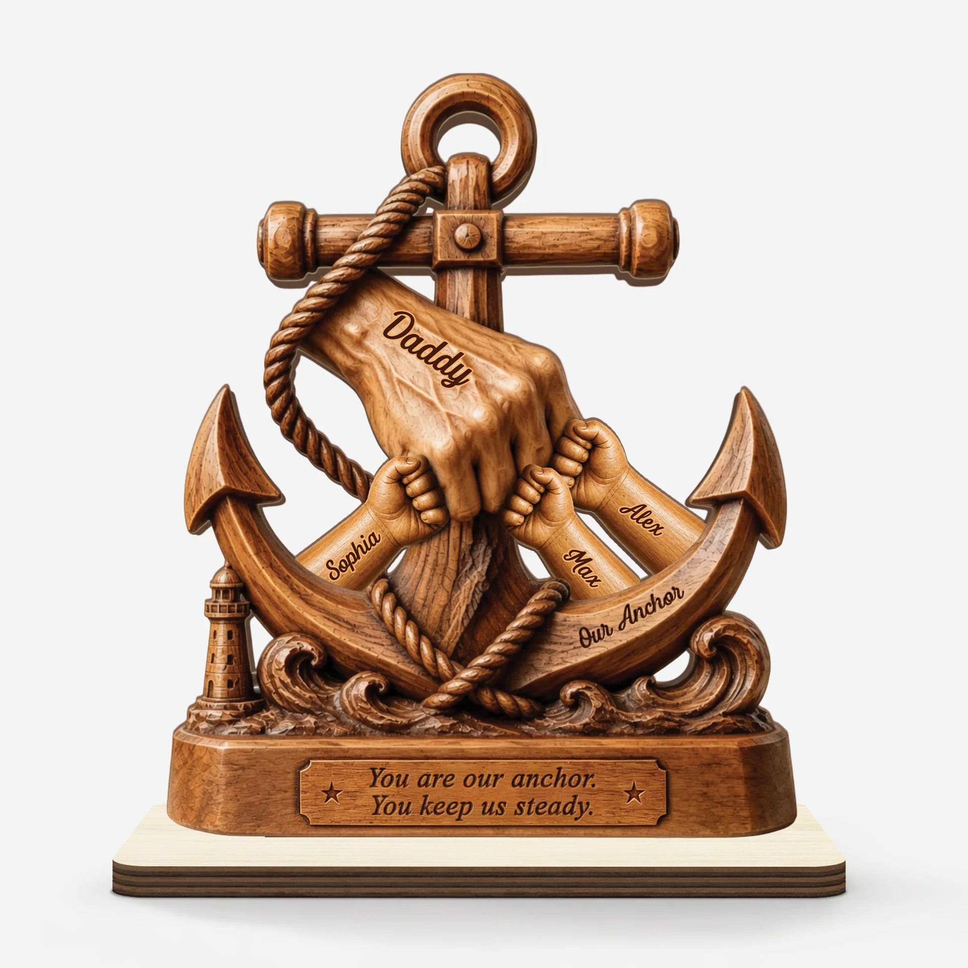 Personalized anchor wooden plaque with custom family names for Dad, featuring a 3D woodcarving print effect