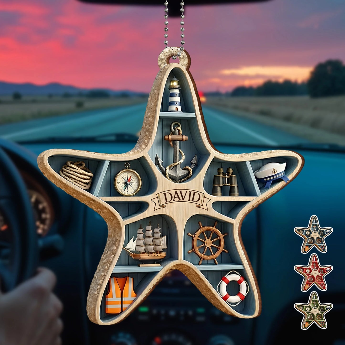 Custom Nautical Wooden Car Hanging Ornament for Dad with personalized design details for meaningful gifting