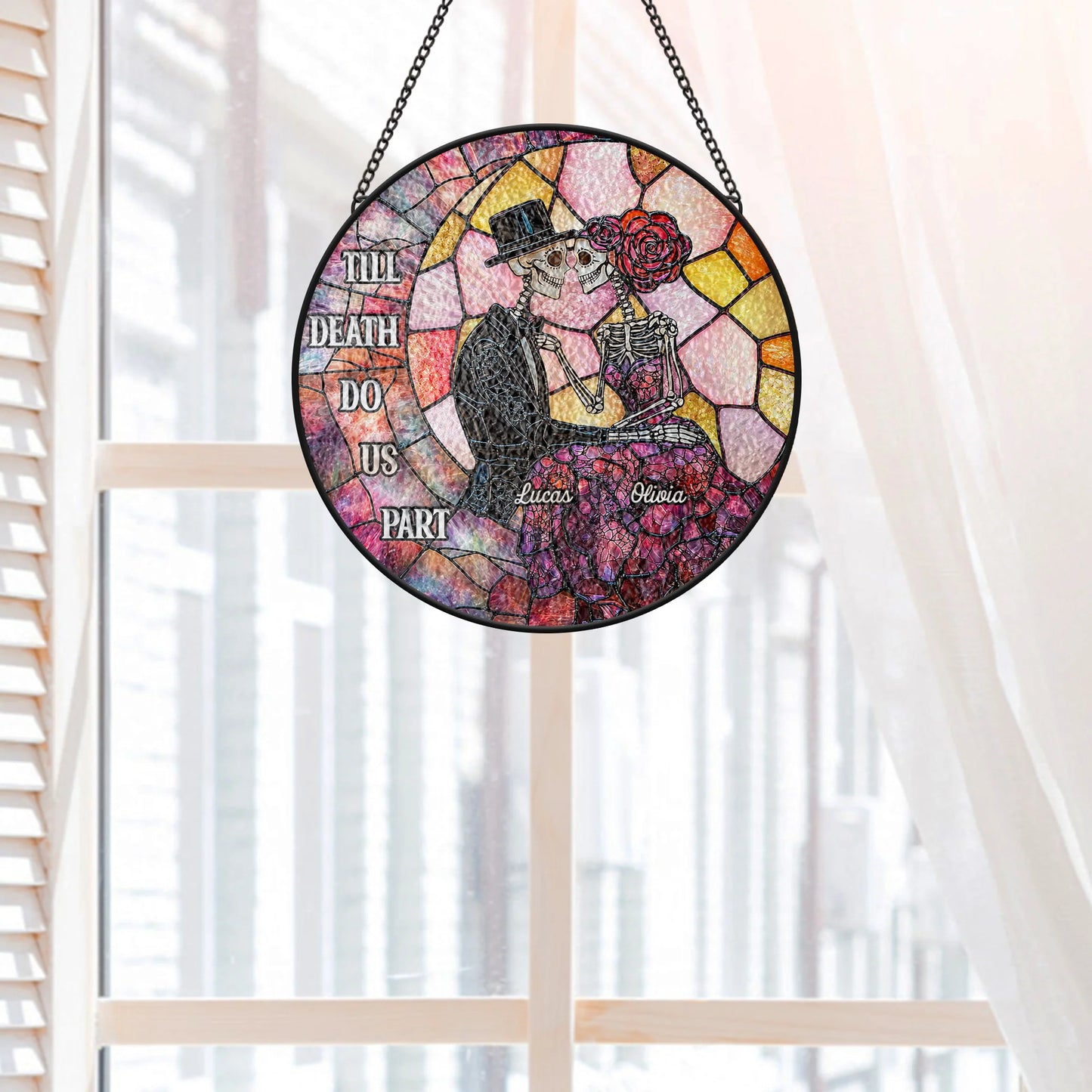 "Till Death Do Us Part" Personalized Skeleton Couple Glass Suncatcher - Custom Halloween Wedding Keepsake