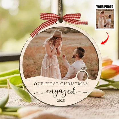 "Our First Christmas Engaged" Custom Photo Wood Ornament - Personalized Couple Keepsake Gift