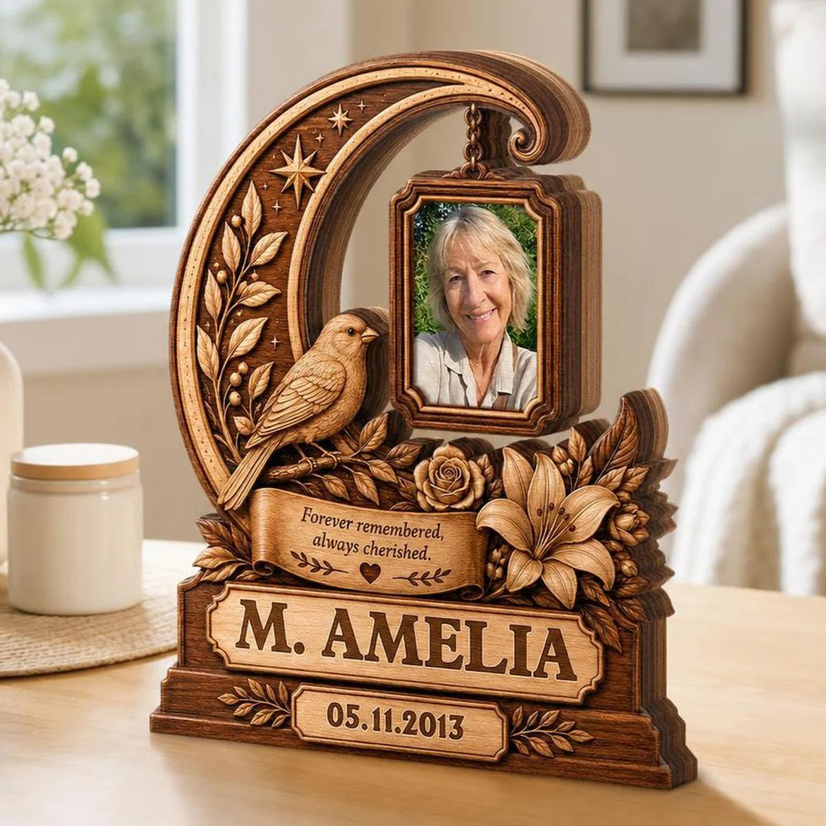 "Forever Remembered Always Cherished" Personalized Memorial Wooden Block - Custom Photo Sympathy Keepsake Gift for Family