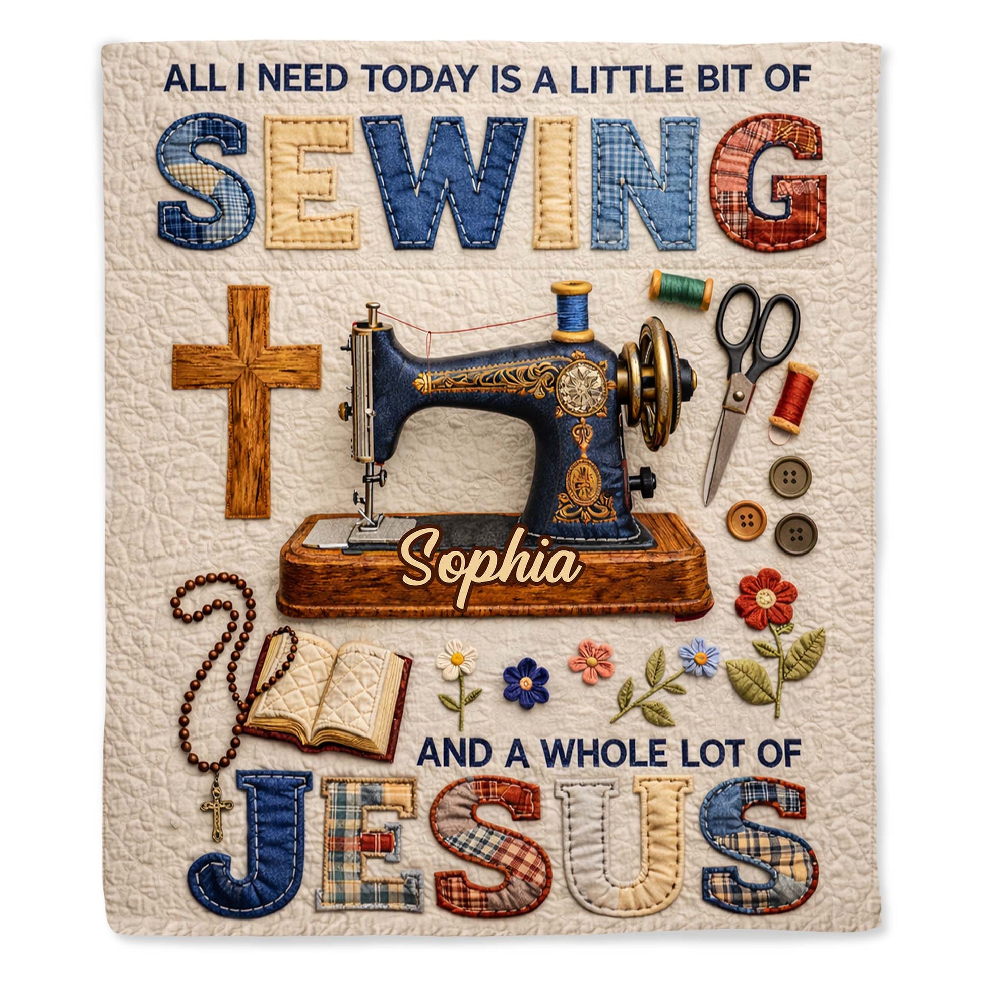 Personalized sewing and Jesus blanket featuring a vintage sewing machine, cross, and custom name for craft lovers image 10