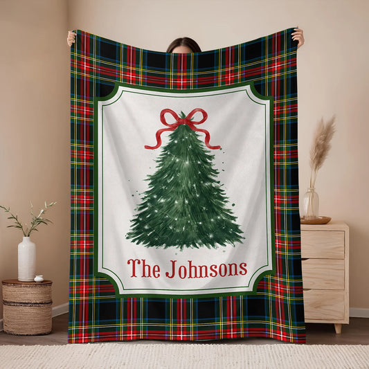 Festive Plaid Tree Personalized Christmas Family Blanket - Custom Cozy Holiday Living Room Decor