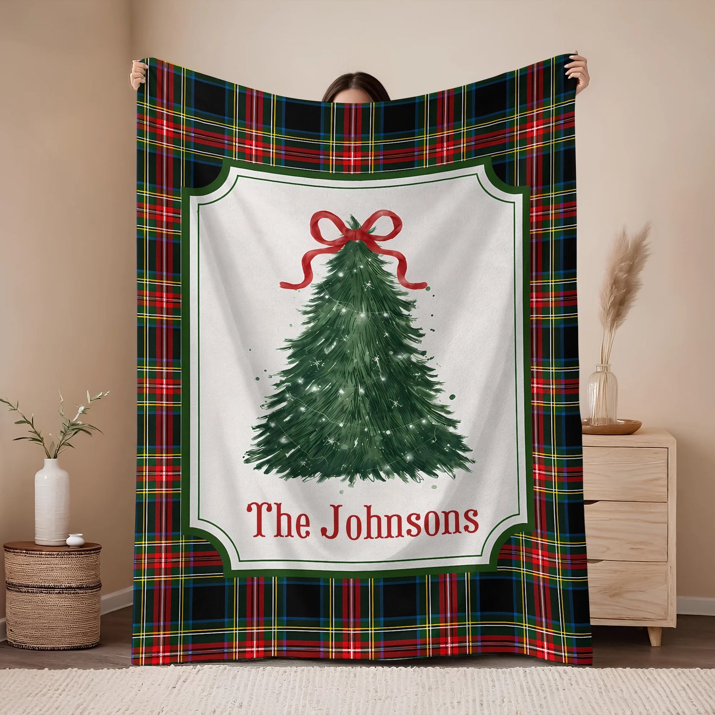 Festive Plaid Tree Personalized Christmas Family Blanket - Custom Cozy Holiday Living Room Decor