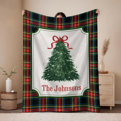 Festive Plaid Tree Personalized Christmas Family Blanket - Custom Cozy Holiday Living Room Decor