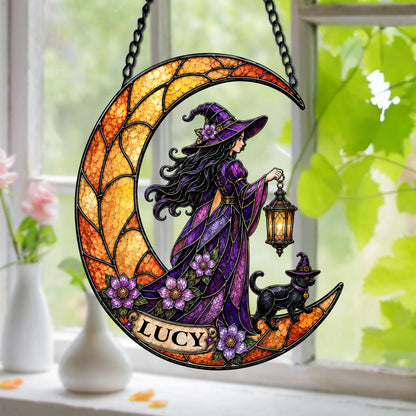 Personalized Witch and Black Cat Suncatcher Ornament - Custom Halloween Keepsake Decor