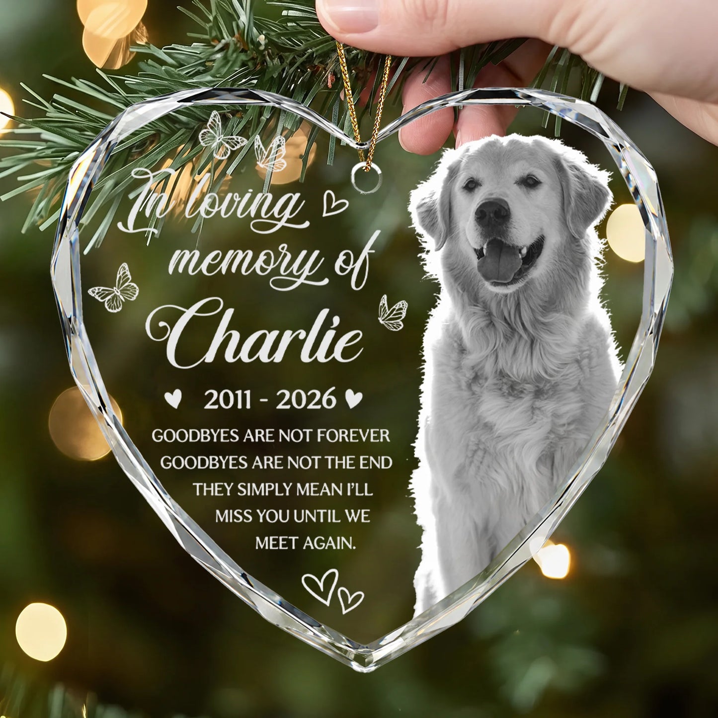 In Loving Memory Custom Pet Photo Glass Heart Ornament - Personalized Pet Loss Keepsake Memorial Gift
