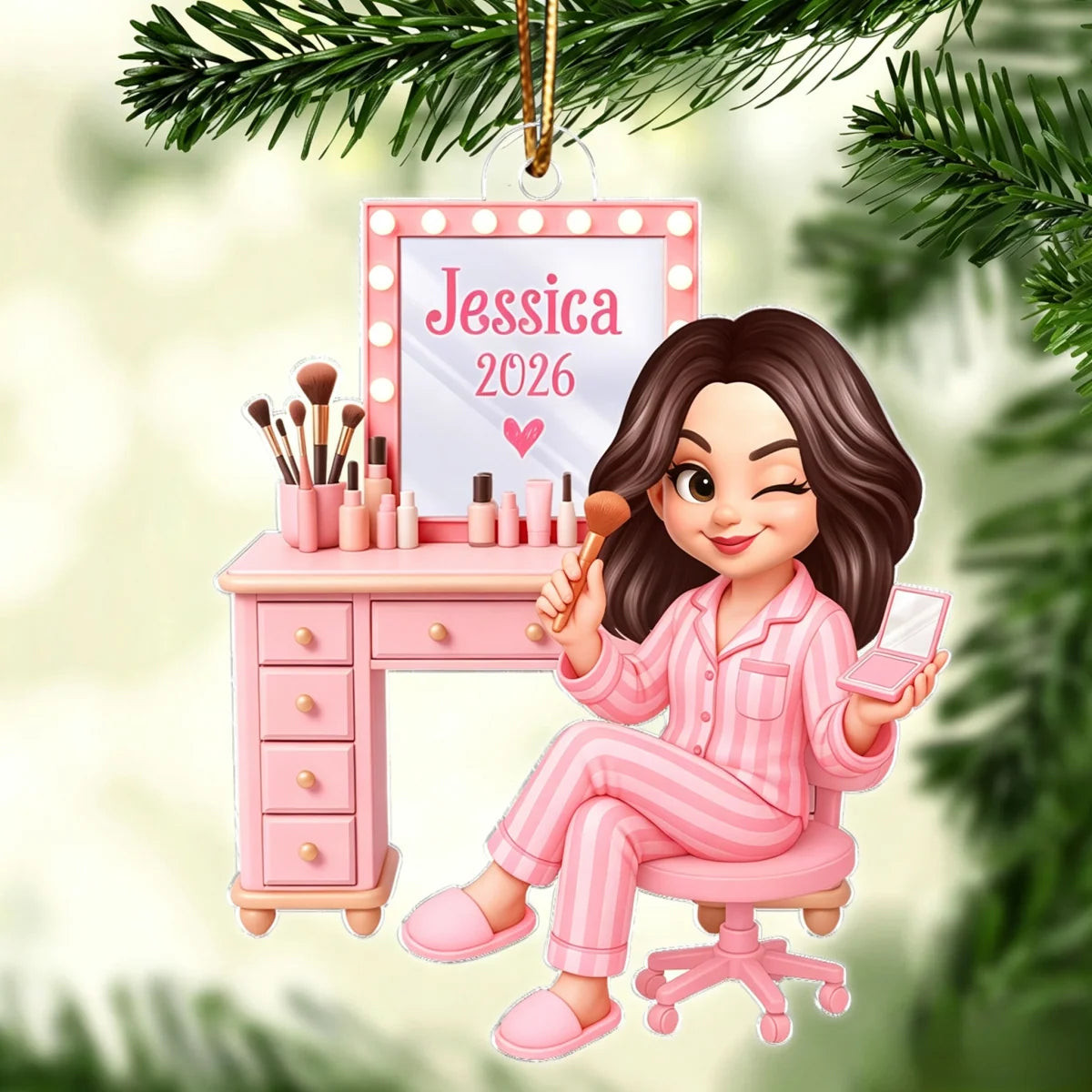 Personalized Pink Makeup Acrylic Ornament - Custom Vanity Christmas Gift for Daughter & Granddaughter