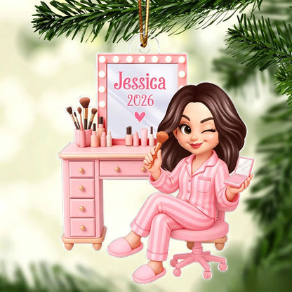 Personalized Pink Makeup Acrylic Ornament - Custom Vanity Christmas Gift for Daughter & Granddaughter
