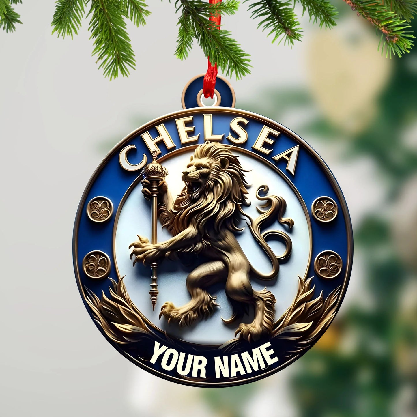 Custom Chelsea FC ornament featuring the iconic lion crest personalized with a custom name hanging on a Christmas tree image 6