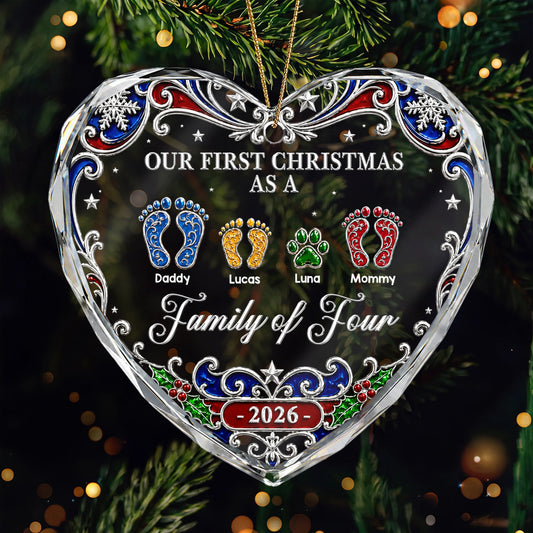 "Our First Christmas As A Family" Glass Heart Ornament - Personalized Keepsake Gift