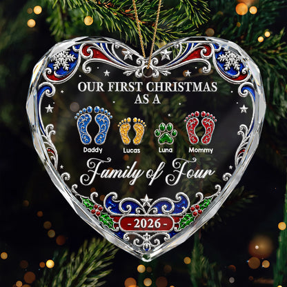 "Our First Christmas As A Family" Glass Heart Ornament - Personalized Keepsake Gift