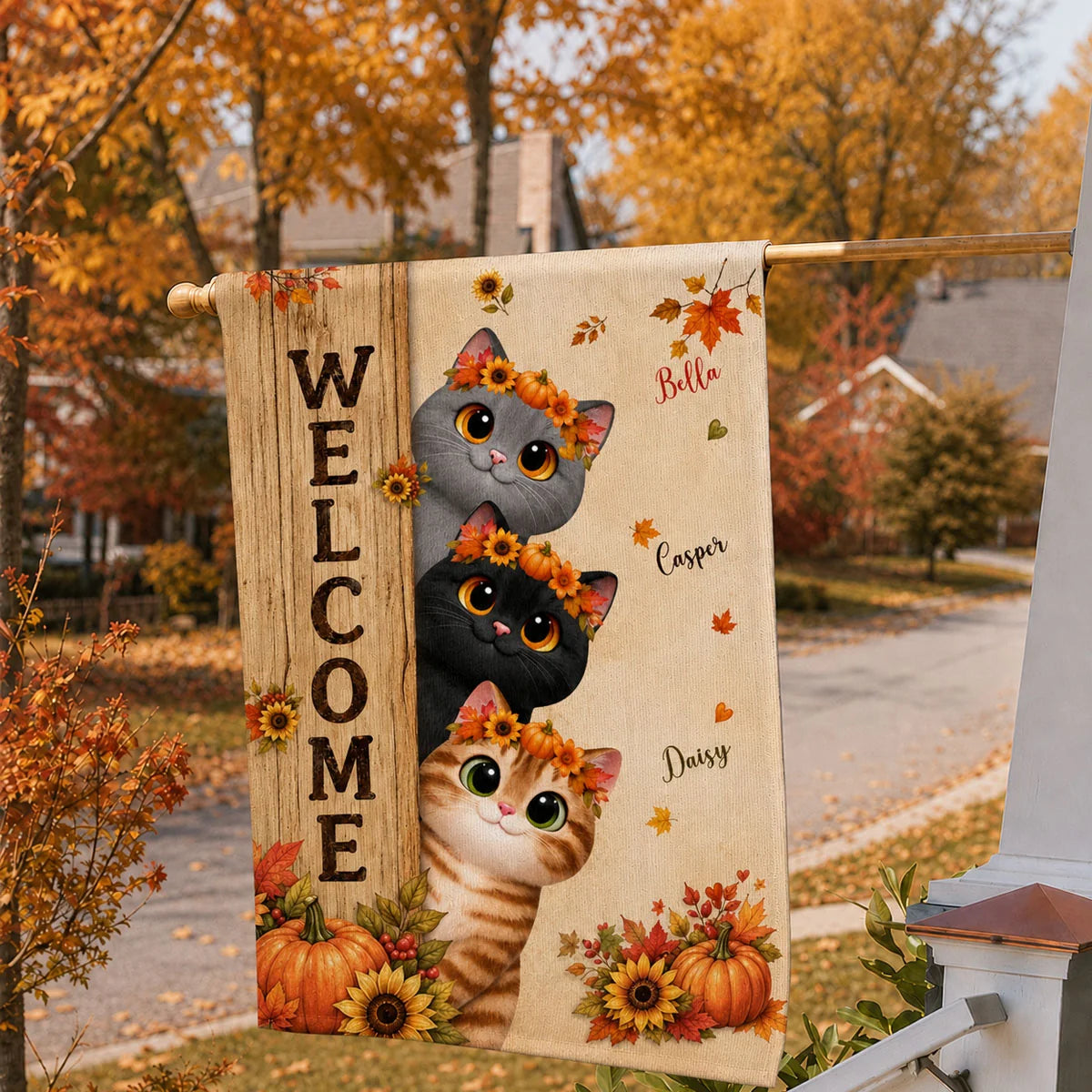 Welcome Cozy Fall Peeking Cats Personalized Garden Flag - Custom Cat Lovers Autumn Yard Decor