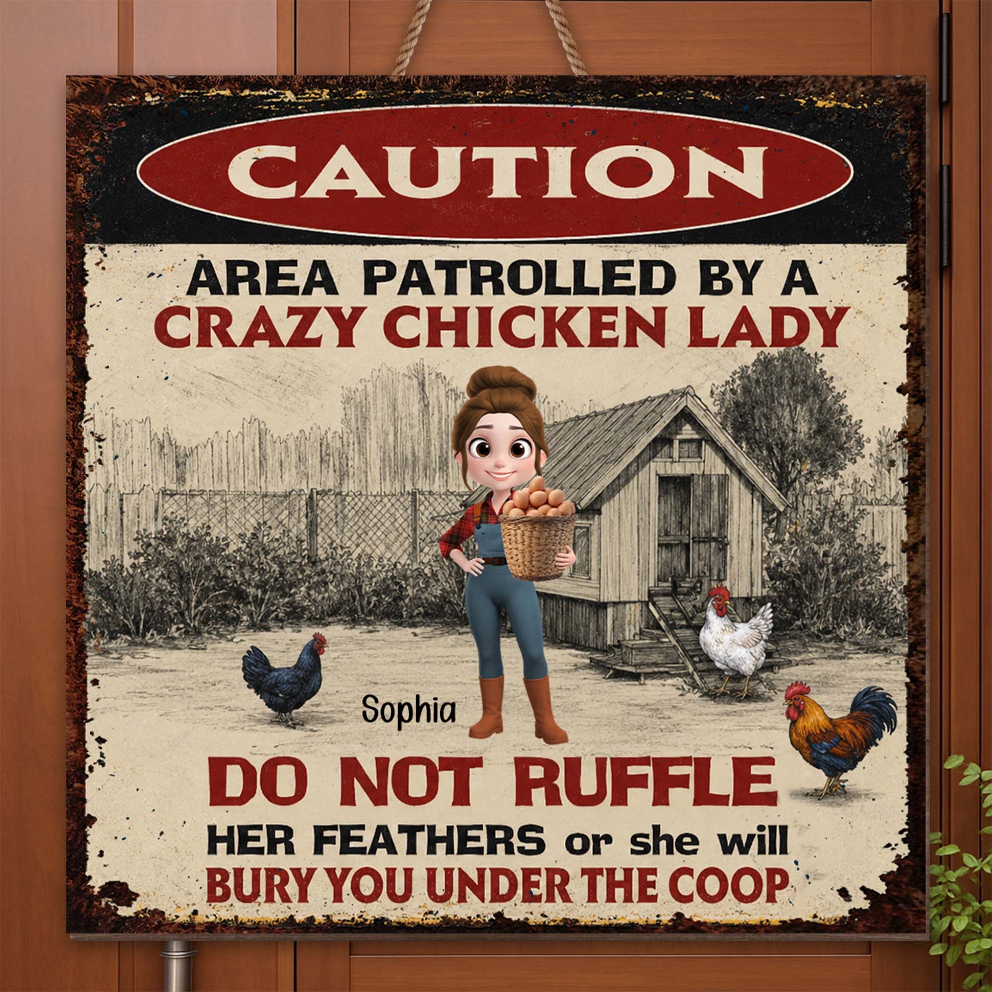 Personalized chicken lady wood sign with custom name quote for farm lovers and chicken coop wall decor