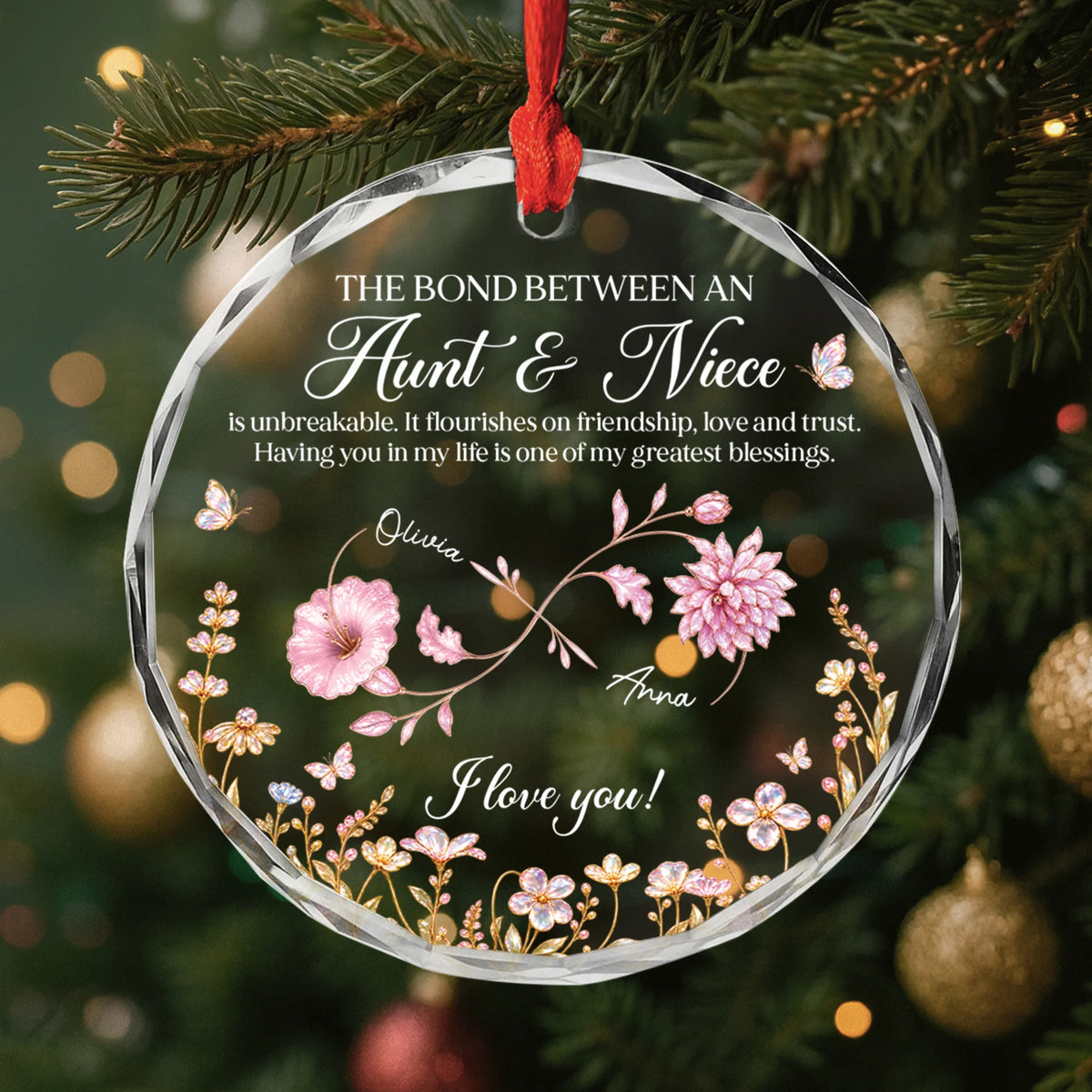 "The Bond Between An Aunt & Niece" Personalized Glass Ornament - Custom Birth Flower Keepsake Gift for Aunt or Niece