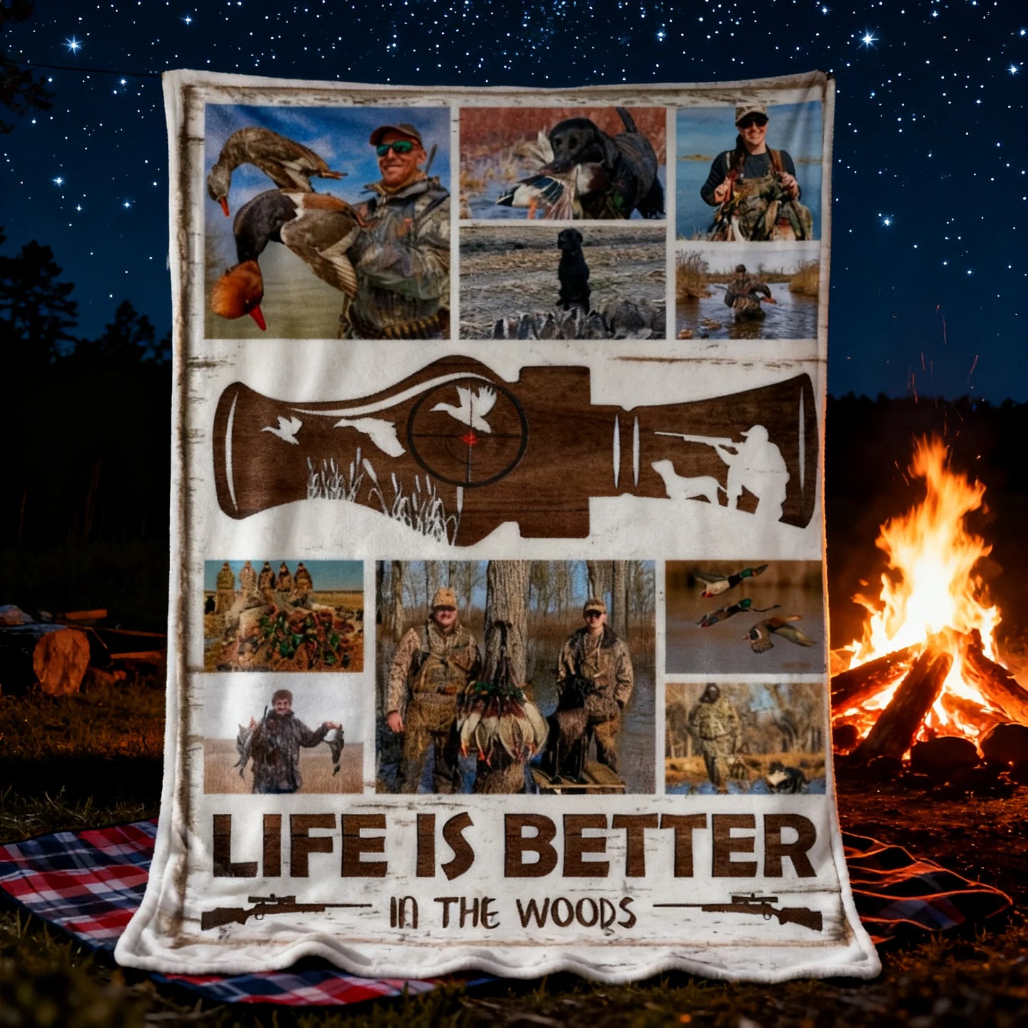 "Life Is Better in the Woods" Custom Hunting Photo Collage Blanket - Personalized Outdoor Gift for Duck Hunters