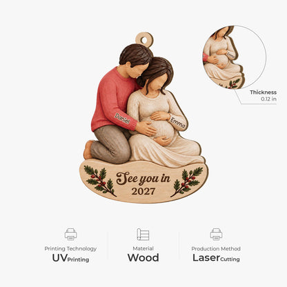 See You in 2027 Expecting Parents - Personalized Wooden Ornament for Mom & Dad to Be