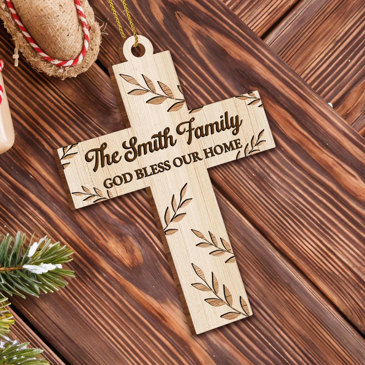 God Bless Our Home, Wooden Cross With Leaves