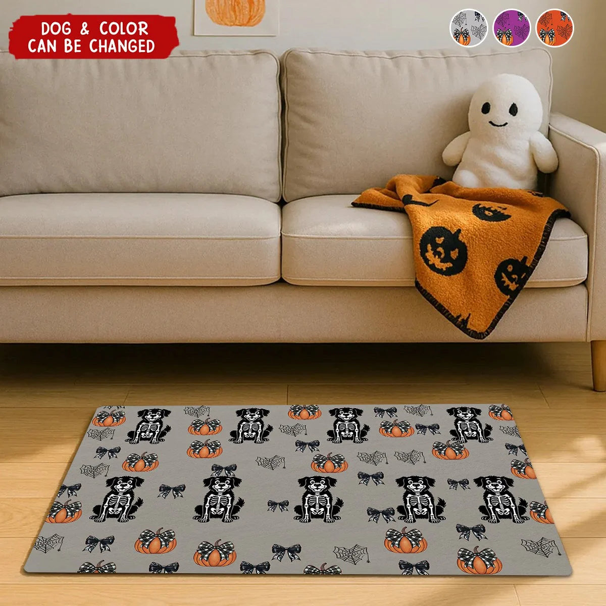Custom Halloween Dog Doormat - Spooky Skeleton Pup & Coquette Bow Welcome Mat for Dog Lovers