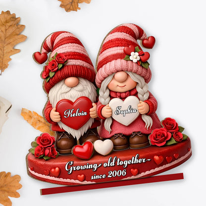 Growing Old Together Since Custom Couple Wood Plaque - Personalized Gnome Anniversary Gift