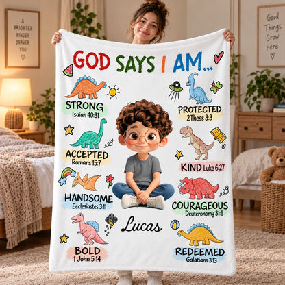 God Says I Am Personalized Blanket - Custom Christian Dinosaur Affirmation Blanket