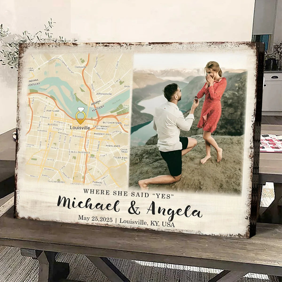 Custom map canvas print featuring a personalized proposal location and couple photo for an engagement gift image 6