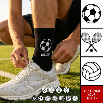 Personalized sports socks with custom name William and embroidered soccer ball icon worn on field