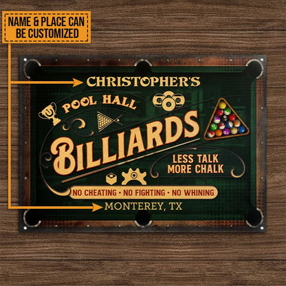 "Less Talk More Chalk" Personalized Billiards Pool Hall Metal Sign - Custom Game Room Decor