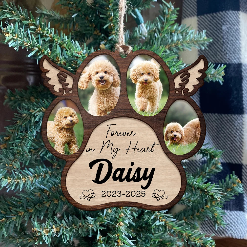 "Forever in Our Hearts" Personalized Pet Memorial Paw Wood Ornament - Custom Photo Dog Loss Keepsake Gift