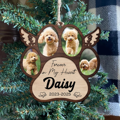 "Forever in Our Hearts" Personalized Pet Memorial Paw Wood Ornament - Custom Photo Dog Loss Keepsake Gift